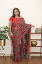 Grey Embroidered Kashmiri Aari Work Georgette Saree - Luxurion World