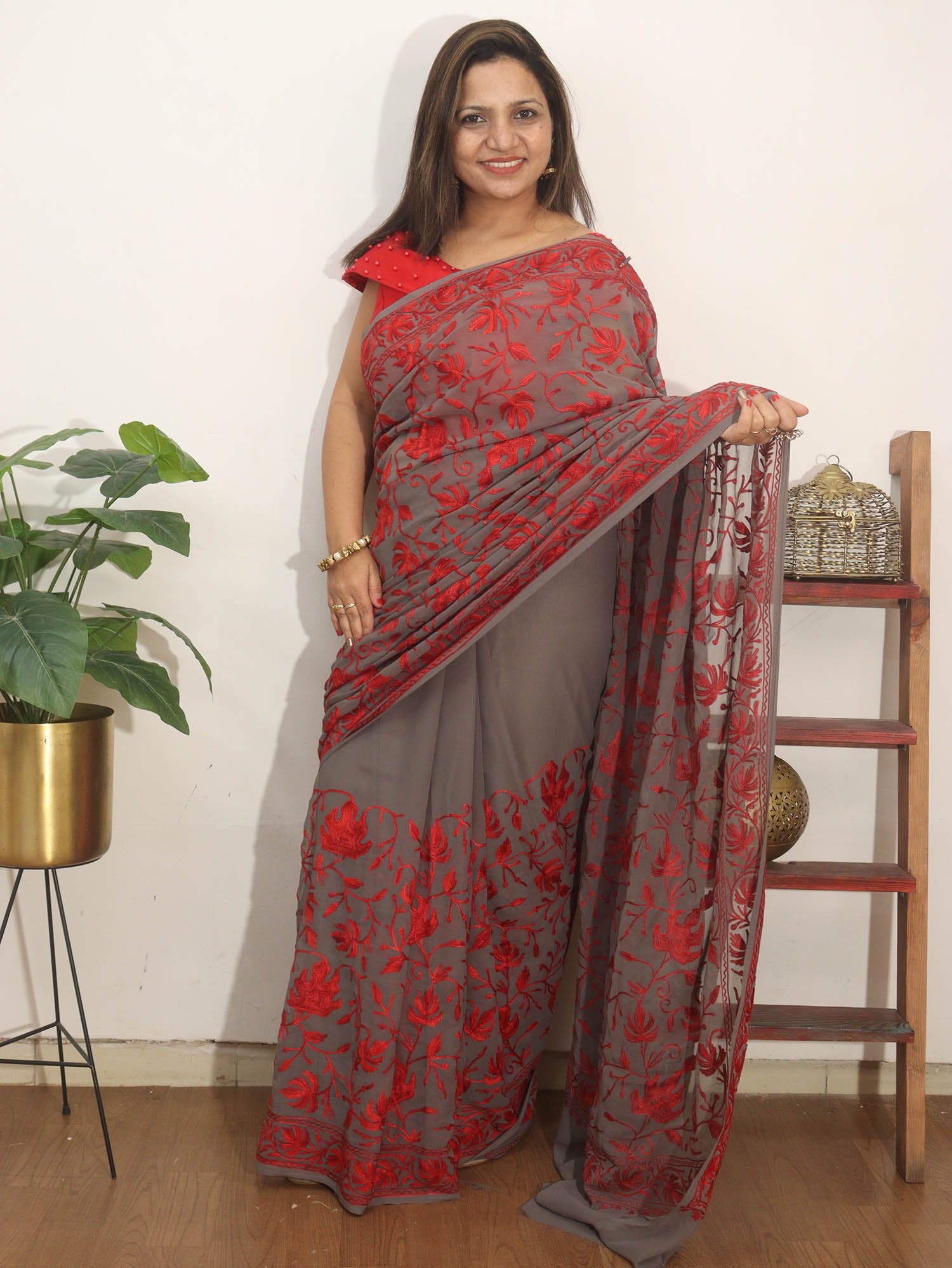 Grey Embroidered Kashmiri Aari Work Georgette Saree - Luxurion World