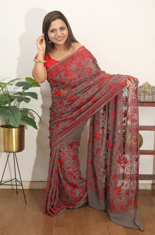 Grey Embroidered Kashmiri Aari Work Georgette Saree - Luxurion World