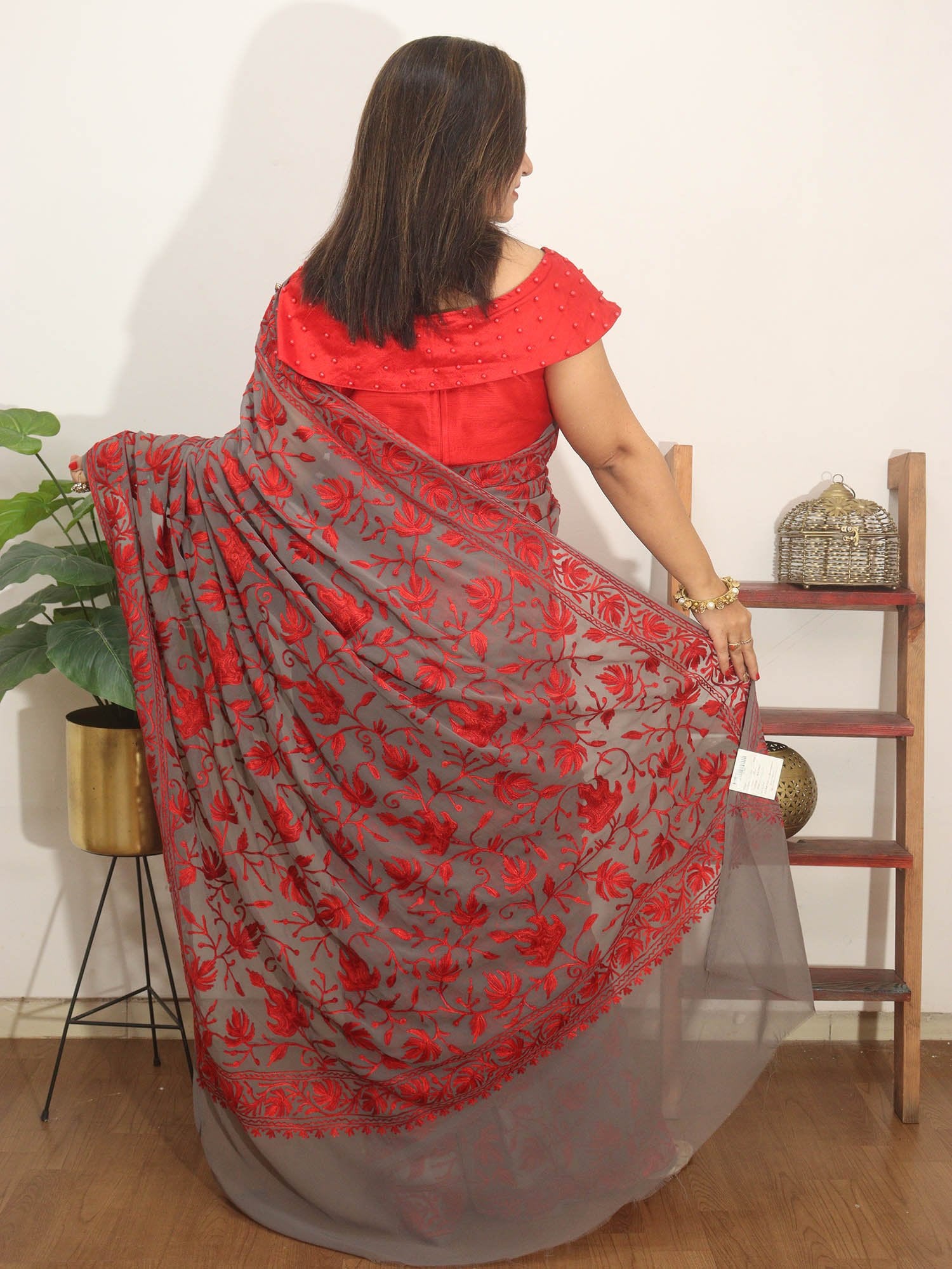 Grey Embroidered Kashmiri Aari Work Georgette Saree - Luxurion World