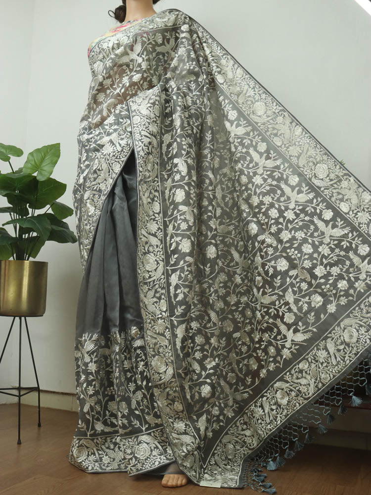 Grey Embroidered Parsi Gara Georgette Floral And Bird Design Saree - Luxurion World