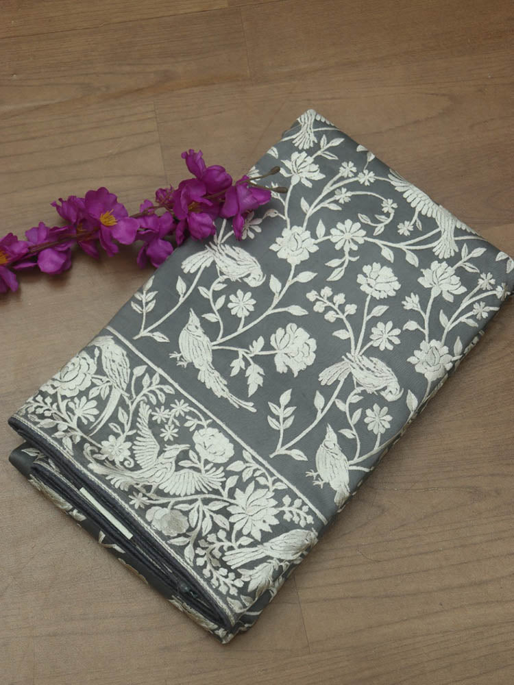 Grey Embroidered Parsi Gara Georgette Floral And Bird Design Saree - Luxurion World