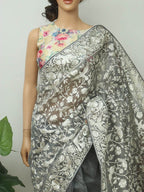 Grey Embroidered Parsi Gara Georgette Floral And Bird Design Saree - Luxurion World