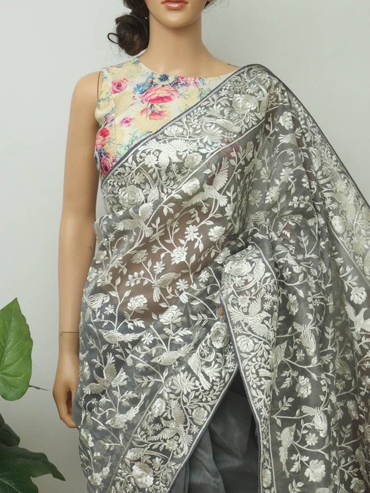 Grey Embroidered Parsi Gara Georgette Floral And Bird Design Saree - Luxurion World