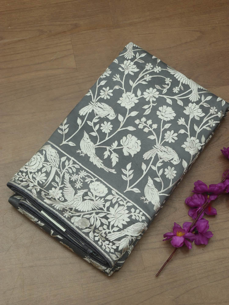 Grey Embroidered Parsi Gara Georgette Floral And Bird Design Saree - Luxurion World