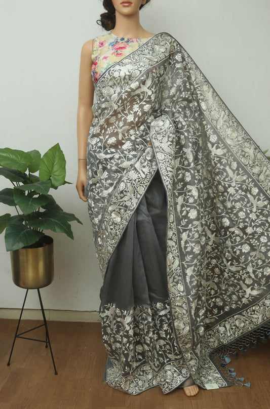 Grey Embroidered Parsi Gara Georgette Floral And Bird Design Saree - Luxurion World