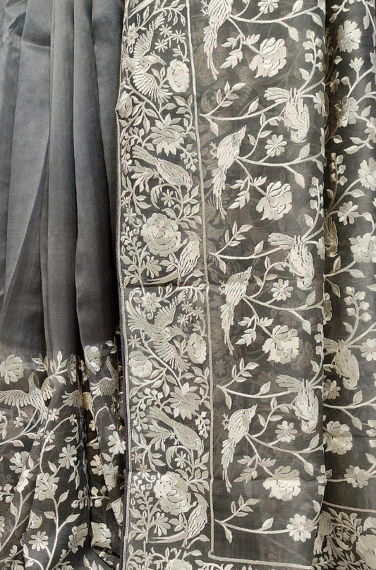 Grey Embroidered Parsi Gara Pure Organza Floral And Bird Design Saree - Luxurion World