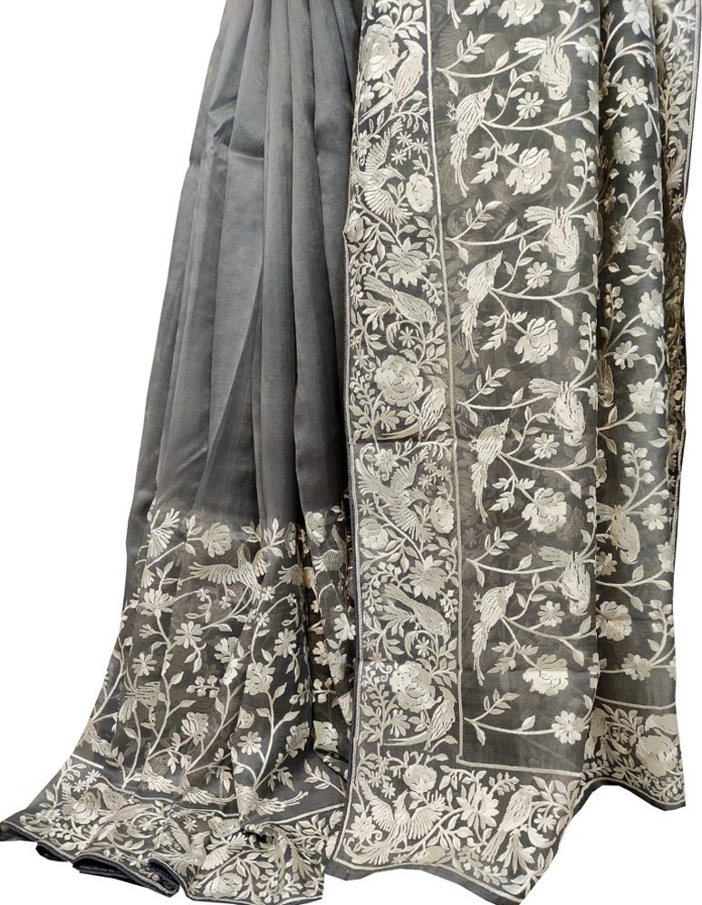 Grey Embroidered Parsi Gara Pure Organza Floral And Bird Design Saree - Luxurion World