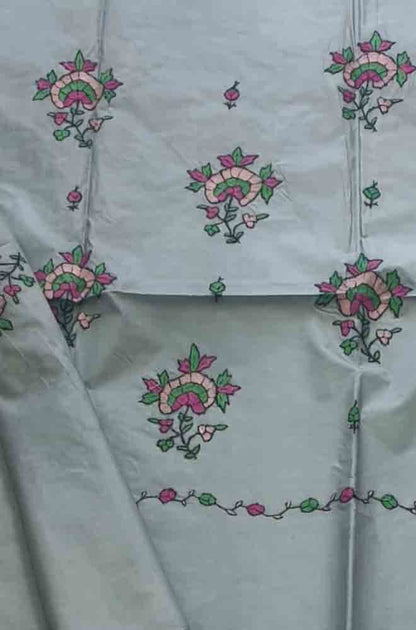 Grey Embroidered Sozni Work Kashmiri Silk Saree Luxurionworld