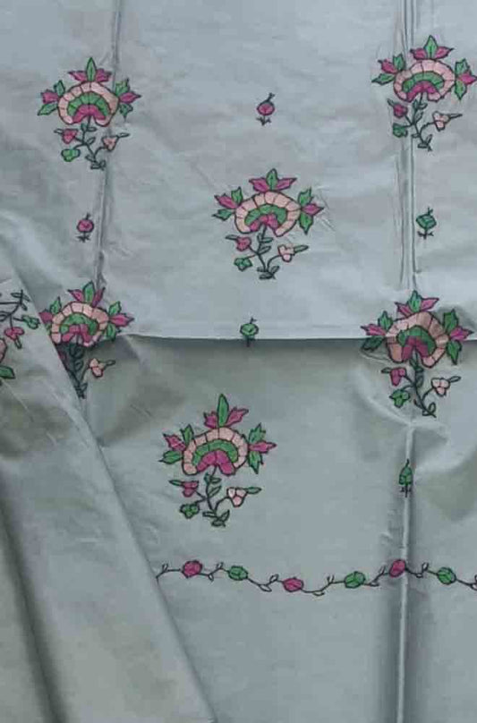 Grey Embroidered Sozni Work Kashmiri Silk Saree - Luxurion World