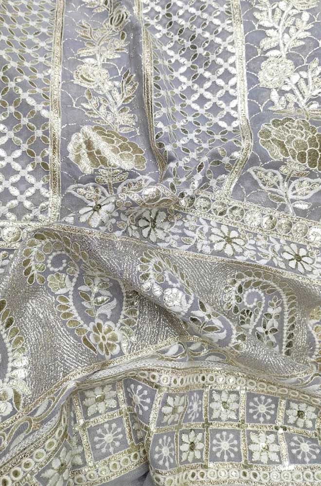 Grey Embroidered Trendy Georgette Sequins Work Fabric ( 1 Mtr )