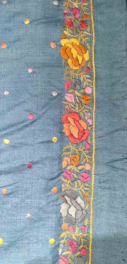 Grey Hand Embroidered Parsi Gara Tussar Silk Saree - Luxurion World