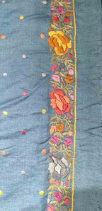 Grey Hand Embroidered Parsi Gara Tussar Silk Saree - Luxurion World