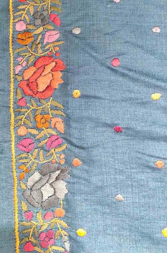 Grey Hand Embroidered Parsi Gara Tussar Silk Saree - Luxurion World