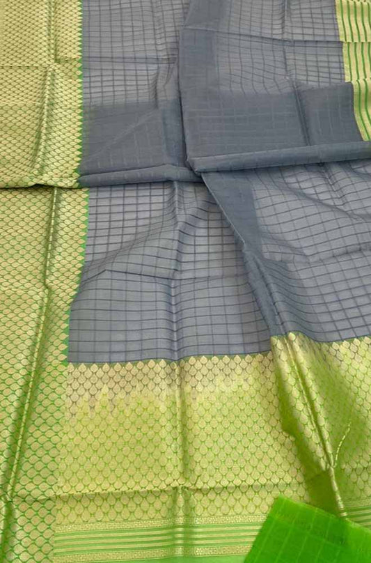 Grey Handloom Banarasi Kora Organza Silk Saree - Luxurion World