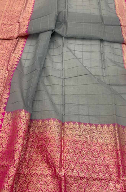 Grey Handloom Banarasi Kora Organza Silk Saree - Luxurion World