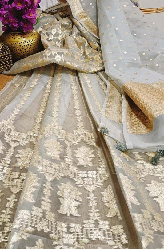 Grey Handloom Banarasi Organza Silk Unstitched Lehenga Set