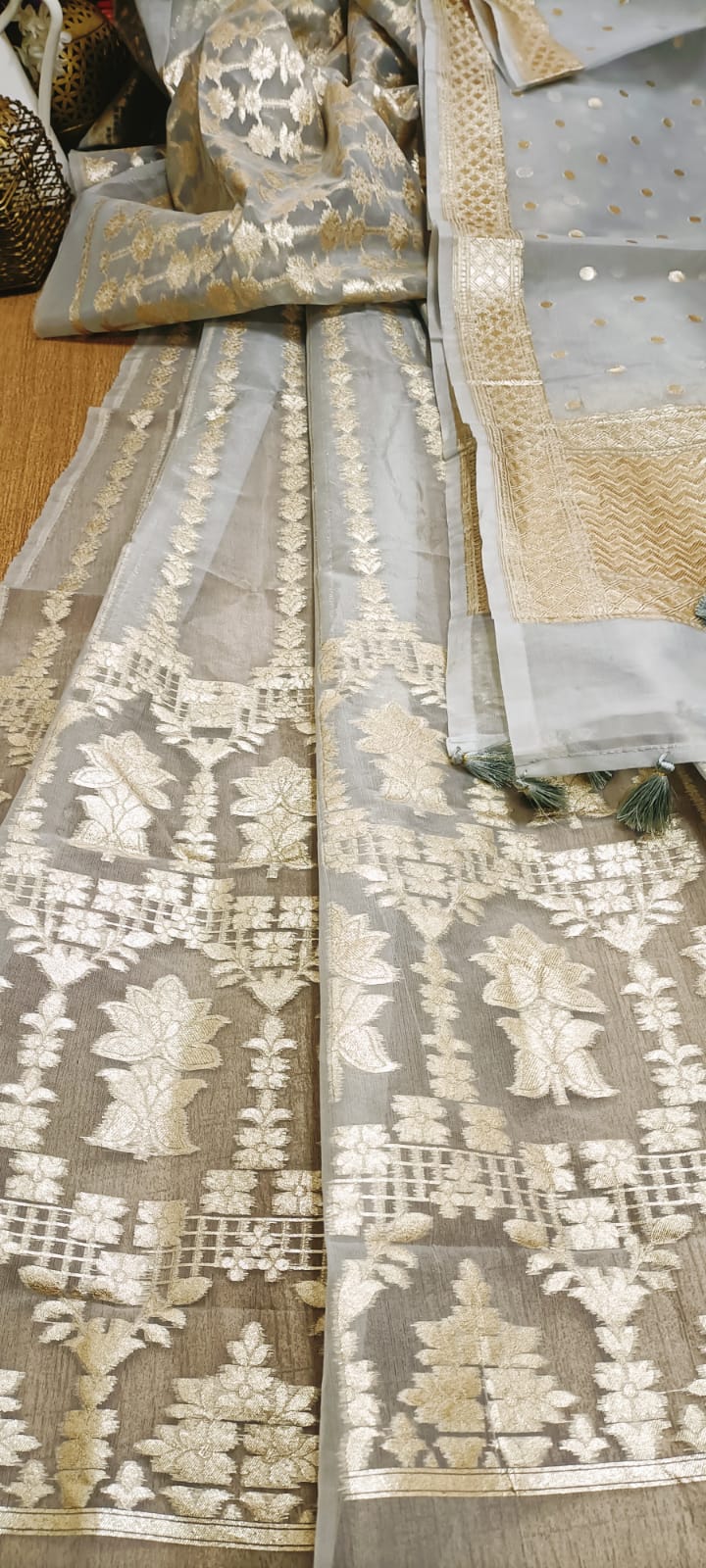 Grey Handloom Banarasi Organza Silk Unstitched Lehenga Set