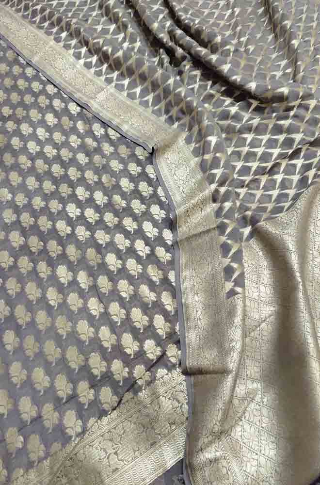Grey Handloom Banarasi Pure Georgette Three Piece Unstitched Suit Set - Luxurion World