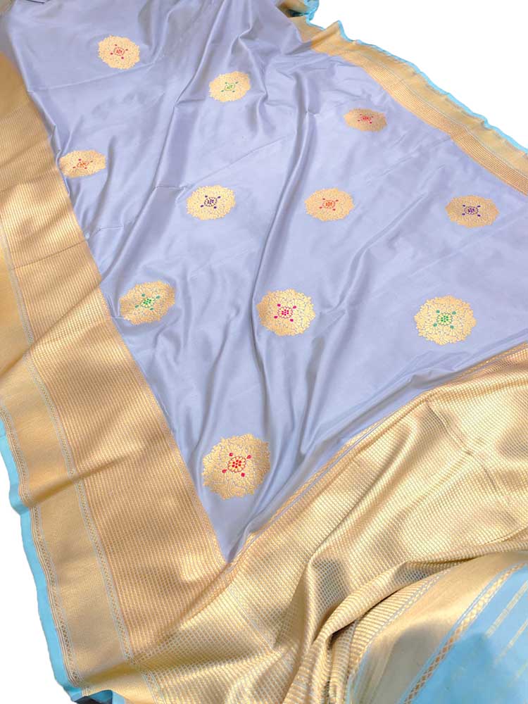 Grey Handloom Banarasi Pure Katan Silk Meenakari Saree - Luxurion World