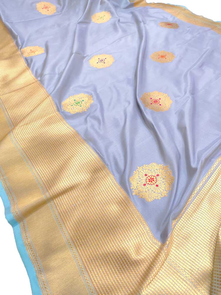 Grey Handloom Banarasi Pure Katan Silk Meenakari Saree - Luxurion World
