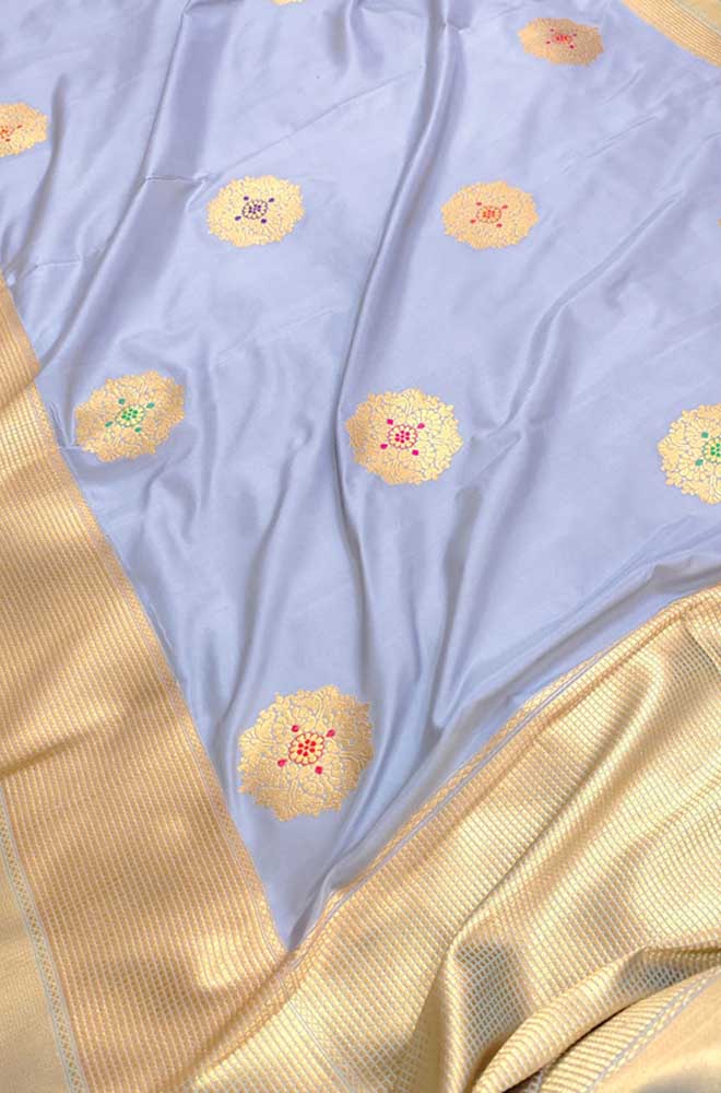 Grey Handloom Banarasi Pure Katan Silk Meenakari Saree - Luxurion World