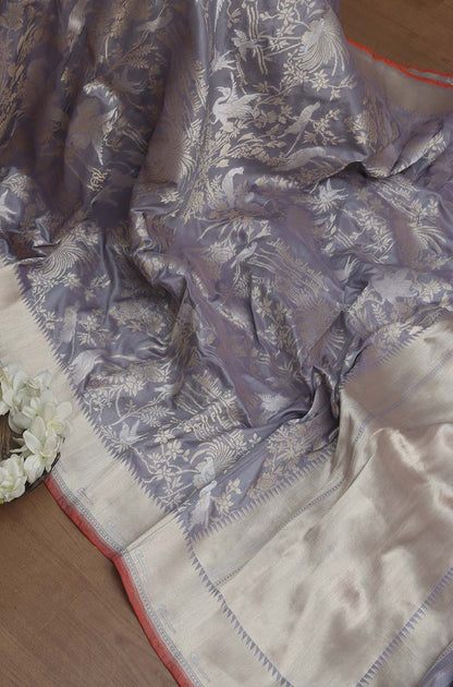 Stunning Grey Handloom Banarasi Katan Silk Saree - Pure Elegance - Luxurion World