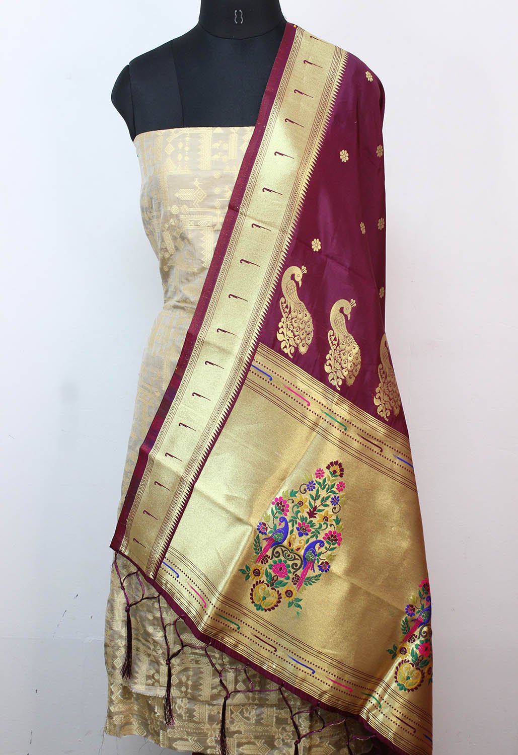 Grey Handloom Banarasi Pure Katan Silk Suit With Maroon Paithani Silk Dupatta - Luxurion World