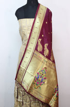 Grey Handloom Banarasi Pure Katan Silk Suit With Maroon Paithani Silk Dupatta - Luxurion World
