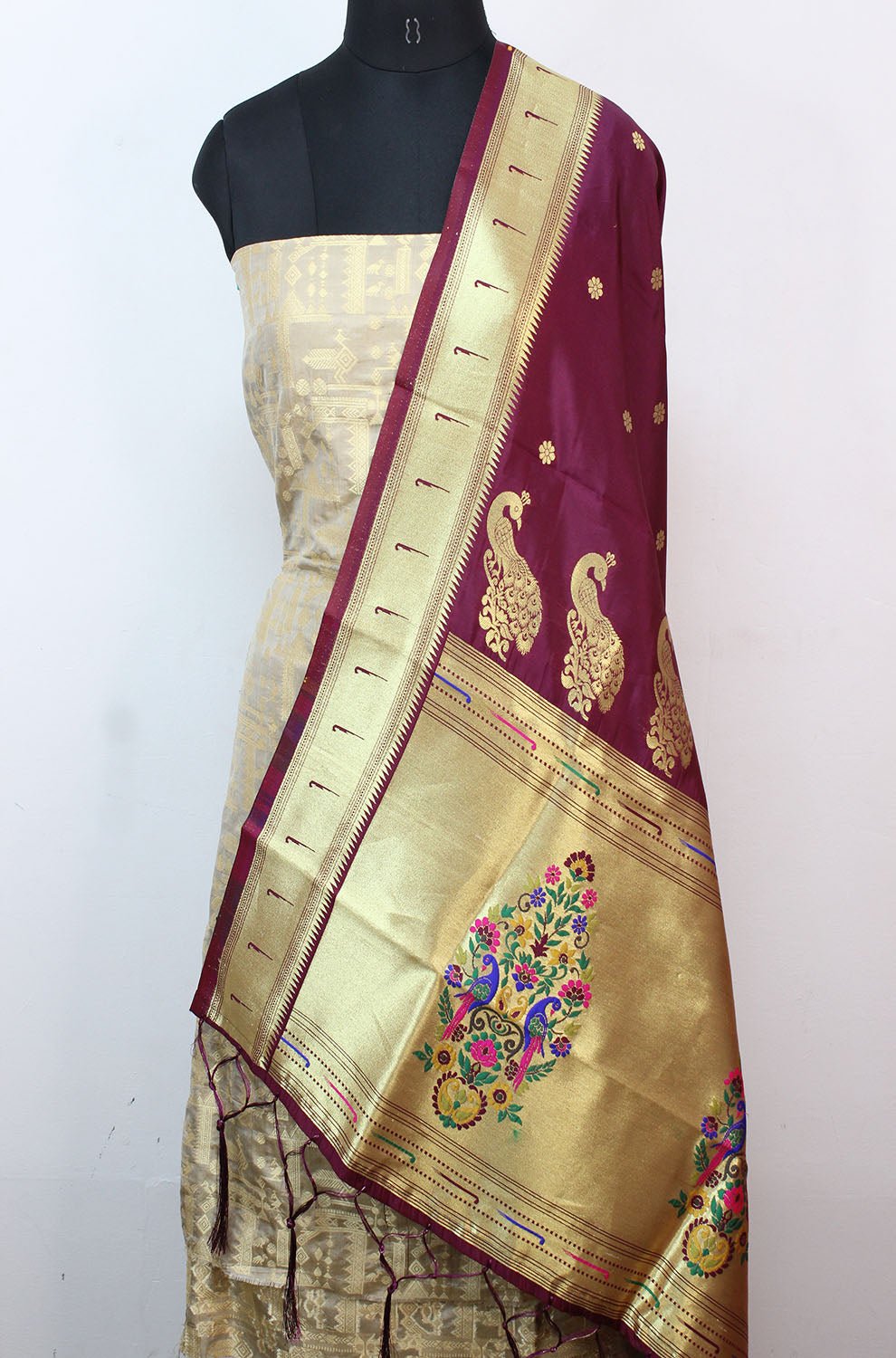 Grey Handloom Banarasi Pure Katan Silk Suit With Maroon Paithani Silk Dupatta - Luxurion World