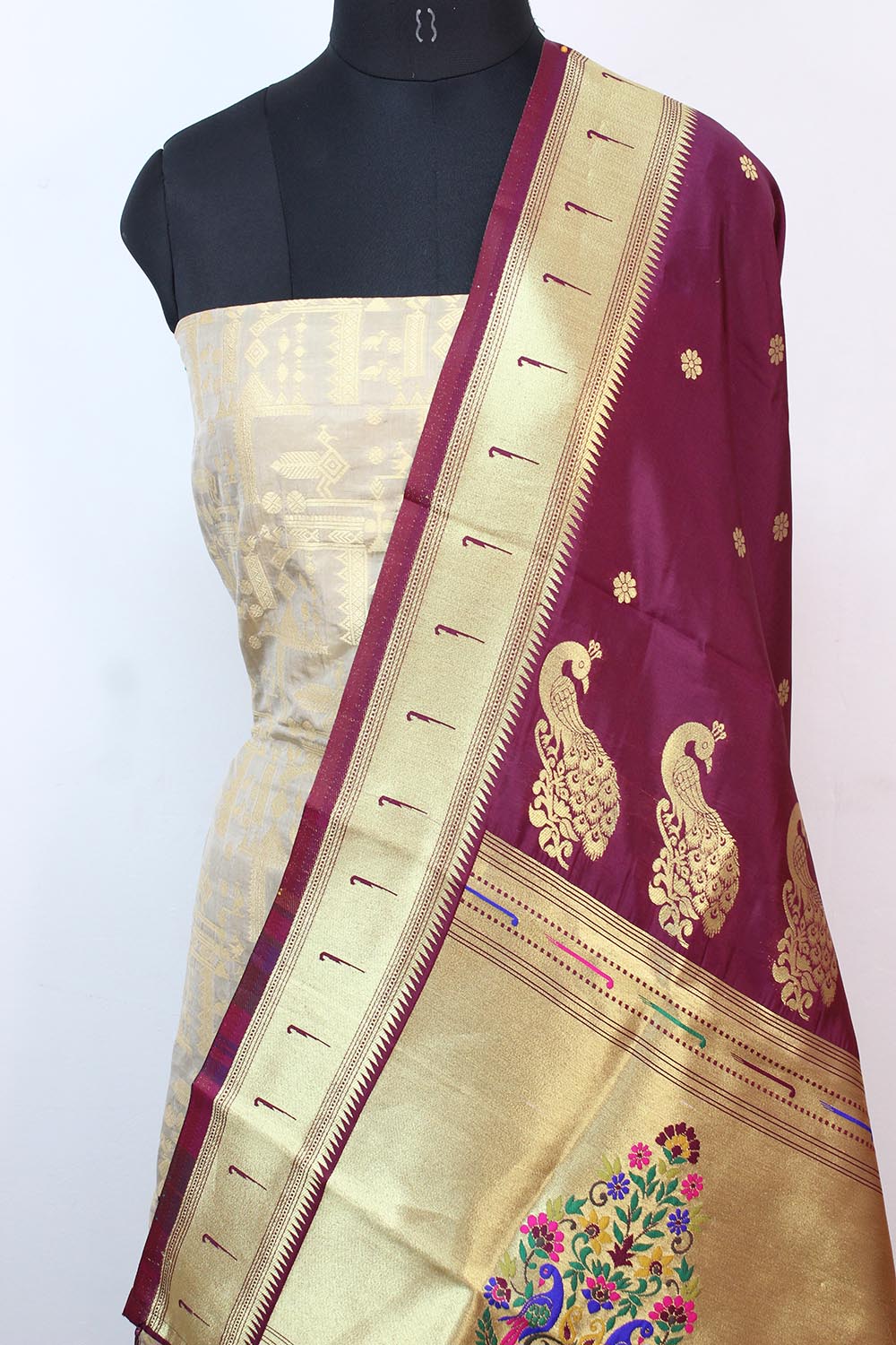 Grey Handloom Banarasi Pure Katan Silk Suit With Maroon Paithani Silk Dupatta - Luxurion World