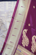 Grey Handloom Banarasi Pure Katan Silk Suit With Maroon Paithani Silk Dupatta - Luxurion World