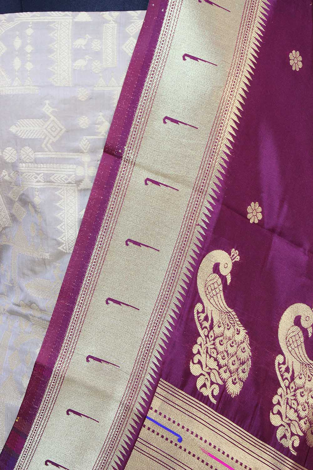 Grey Handloom Banarasi Pure Katan Silk Suit With Maroon Paithani Silk Dupatta - Luxurion World