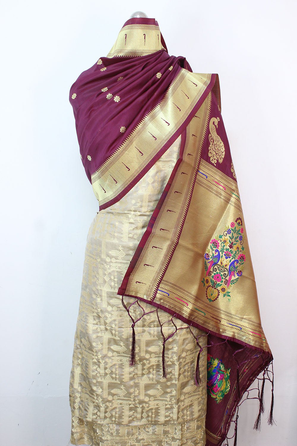 Grey Handloom Banarasi Pure Katan Silk Suit With Maroon Paithani Silk Dupatta - Luxurion World