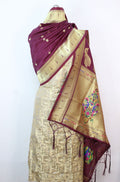 Grey Handloom Banarasi Pure Katan Silk Suit With Maroon Paithani Silk Dupatta - Luxurion World
