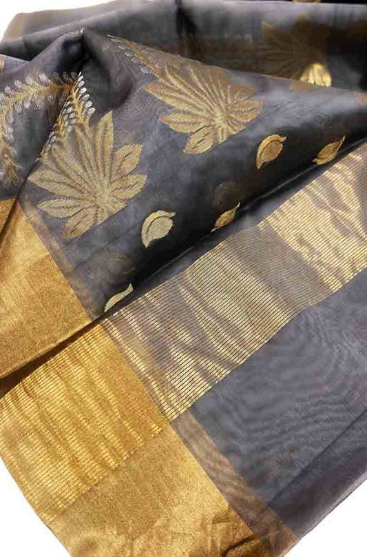 Grey Handloom Chanderi Pure Katan Organza Silk Saree - Luxurion World