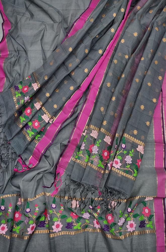 Grey Handloom Kota Doria Real Zari Meenakari Work Two Piece Unstitched Suit Set - Luxurion World