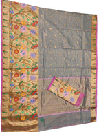 Grey Handloom Kota Doria Tissue Silk Real Zari Paithani Border Saree - Luxurion World