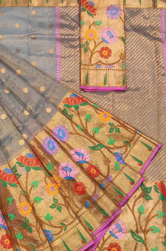 Grey Handloom Kota Doria Tissue Silk Real Zari Paithani Border Saree - Luxurion World