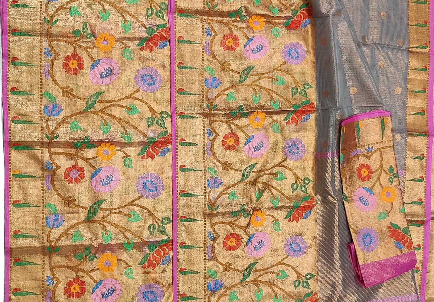 Grey Handloom Kota Doria Tissue Silk Real Zari Paithani Border Saree - Luxurion World