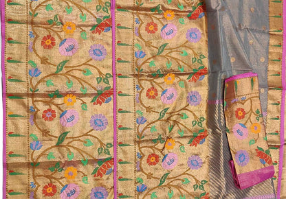 Grey Handloom Kota Doria Tissue Silk Real Zari Paithani Border Saree - Luxurion World