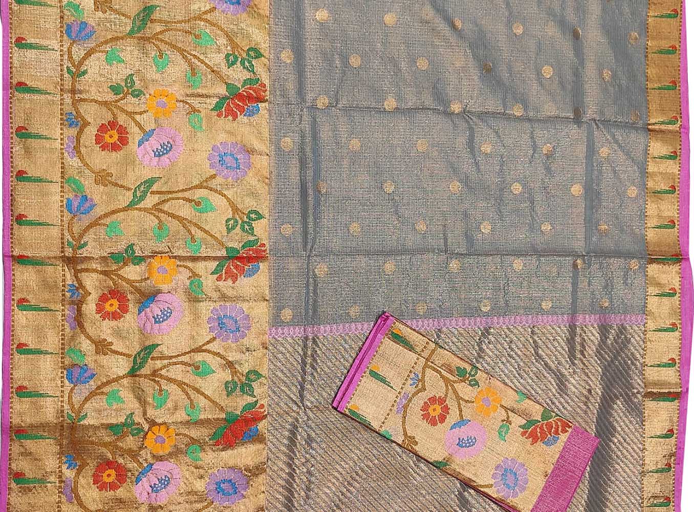 Grey Handloom Kota Doria Tissue Silk Real Zari Paithani Border Saree - Luxurion World