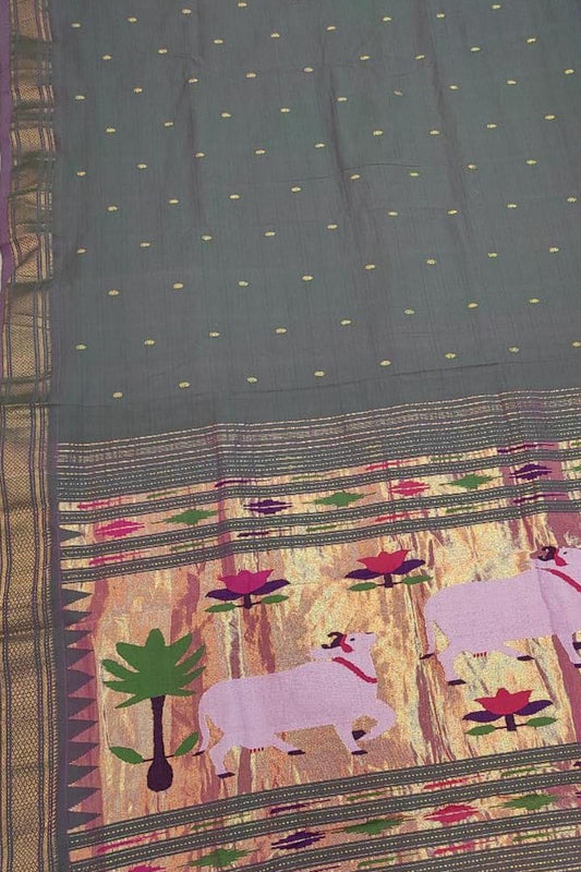 Grey Handloom Paithani Pure Cotton Cow Design Saree - Luxurion World