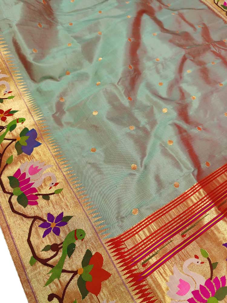 Grey Handloom Paithani Pure Silk Saree - Luxurion World