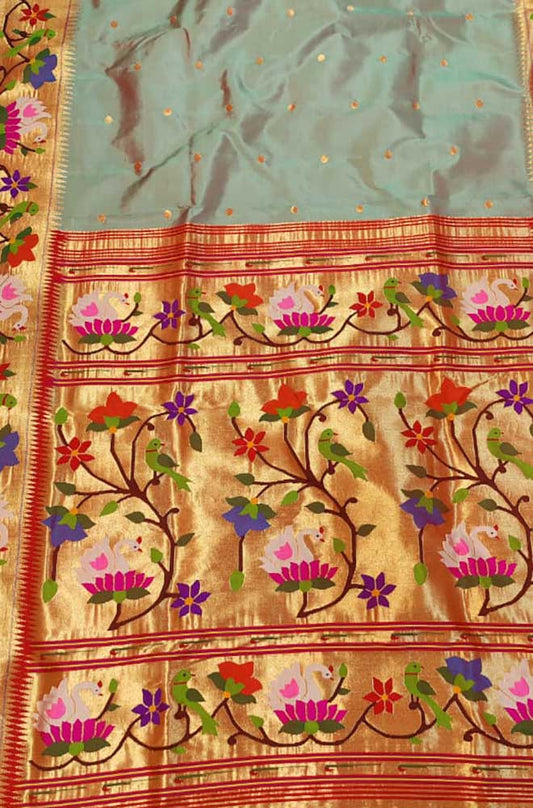 Grey Handloom Paithani Pure Silk Saree - Luxurion World