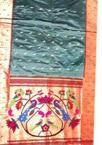 Grey Handloom Paithani Pure Silk Triple Muniya Border Peacock Design Saree - Luxurion World