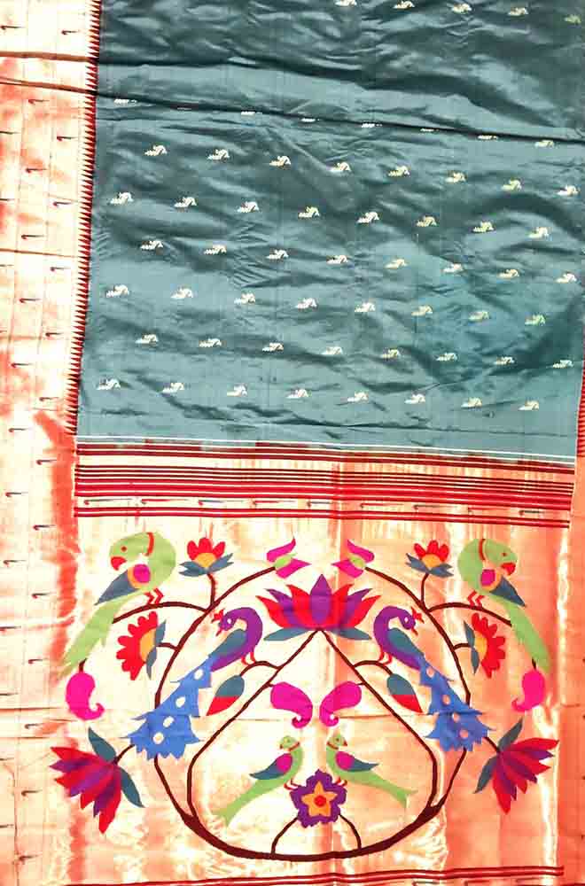 Grey Handloom Paithani Pure Silk Triple Muniya Border Peacock Design Saree Luxurionworld