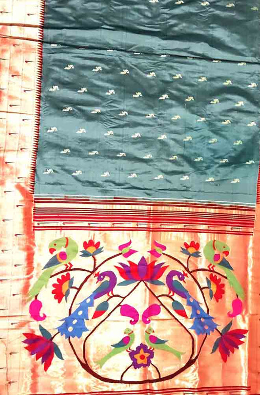 Grey Handloom Paithani Pure Silk Triple Muniya Border Peacock Design Saree - Luxurion World