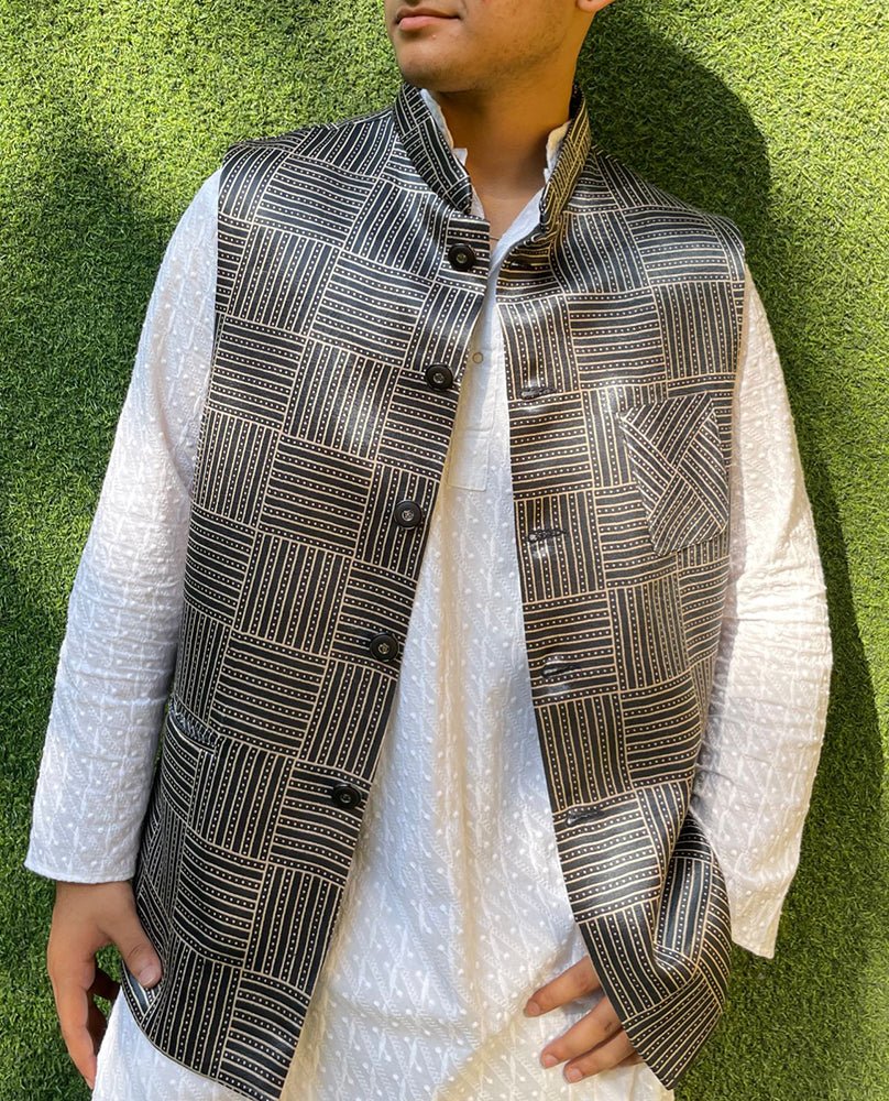 Grey Mashru Silk Nehru Jacket - Luxurion World