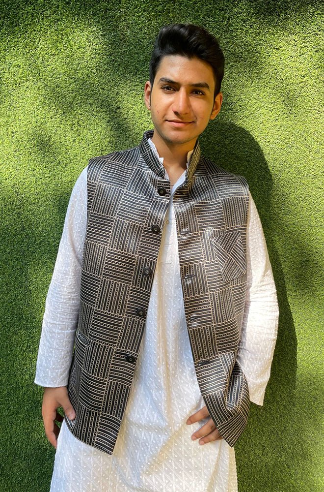 Grey Mashru Silk Nehru Jacket